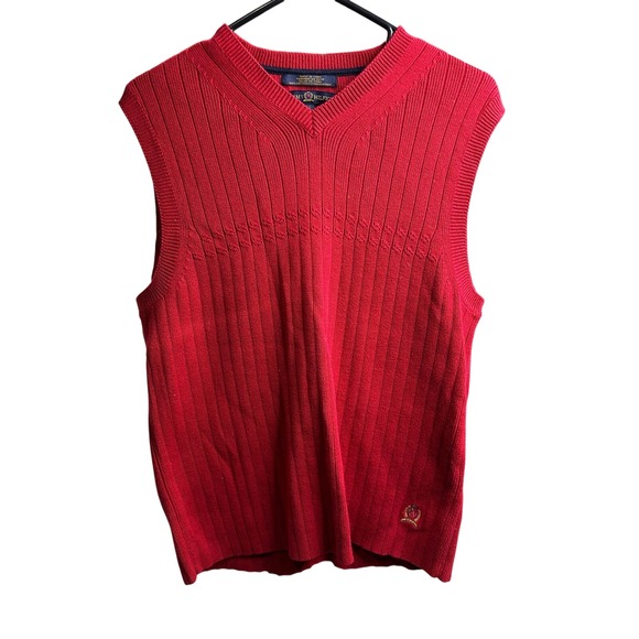 Tommy Hilfiger Red Knit Sweater Vest V Neck Sleeveless Preppy Pullover S - Picture 1 of 4